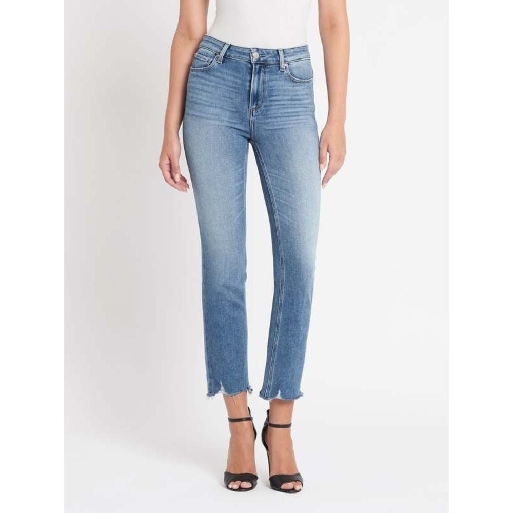 Paige Cindy High Rise Straight Leg Jeans Blue Raw Hem 25